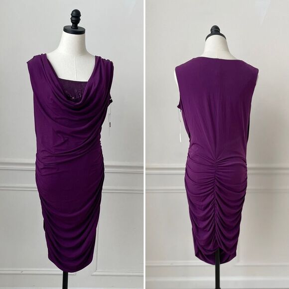 NWT Laundry by Design Ruched Stretchy Sheath Dress Sequins Ambrosia Plum 12 - Picture 1 of 14